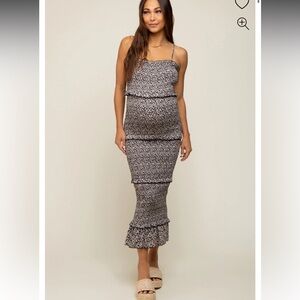 Black Floral Smocked Ruffle Tier Maternity Midi Dress